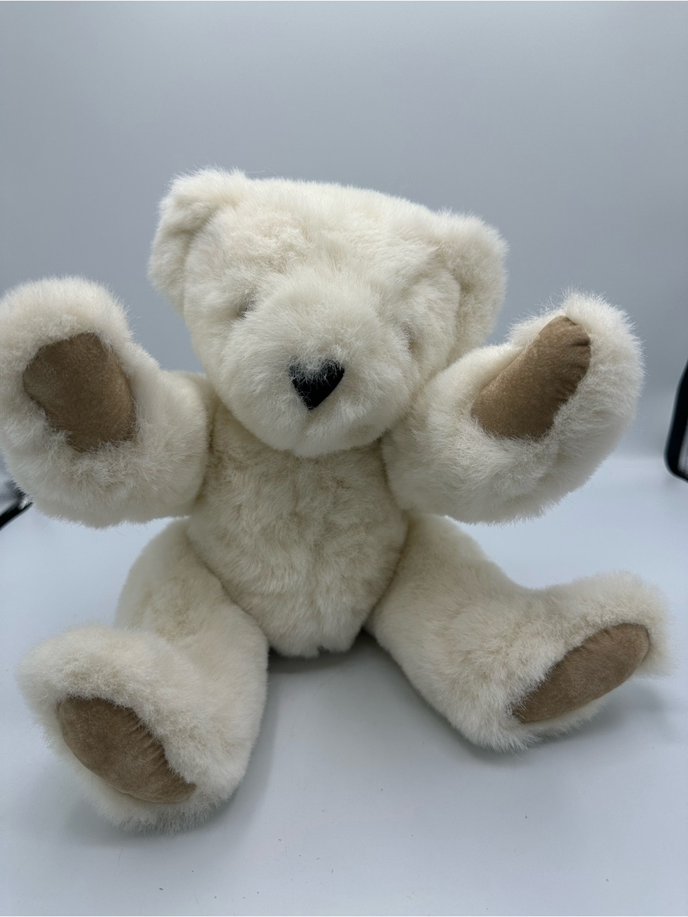 Vintage Vermont Teddy Bear White 17” Jointed Arms Legs Head Tan Paws